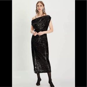 Zara NWT Black Midi Sequin One Shoulder Dress